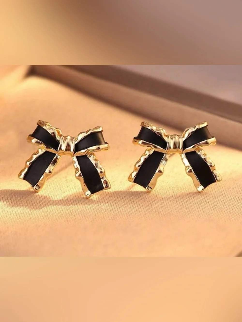 Black Enamel Bow 🖤 Stud Earrings | Gold-Tone Metal Trim NWT